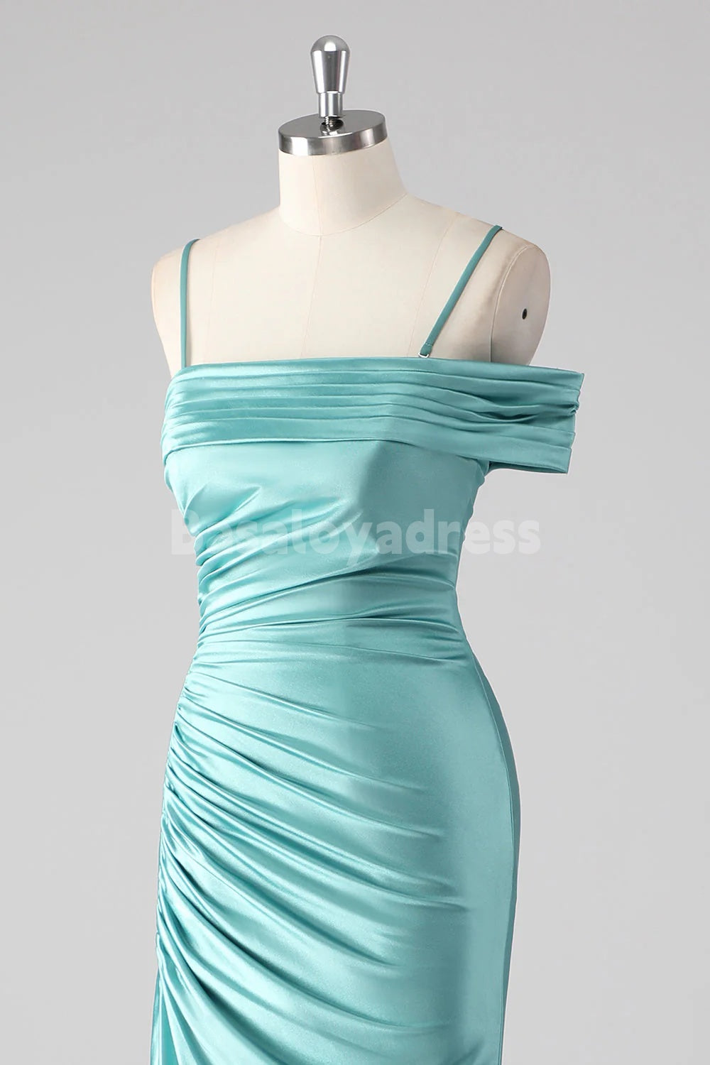 BDES00175 Blue Green Sheath Pleated One Shoulder Spaghetti Straps Long Prom Dress