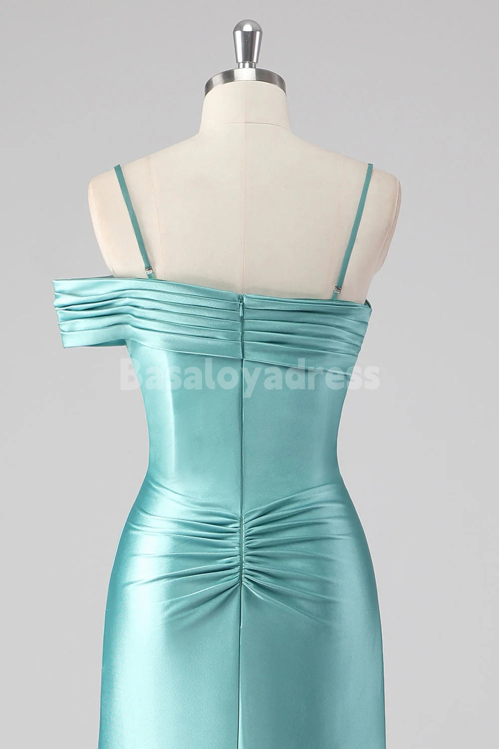 BDES00175 Blue Green Sheath Pleated One Shoulder Spaghetti Straps Long Prom Dress