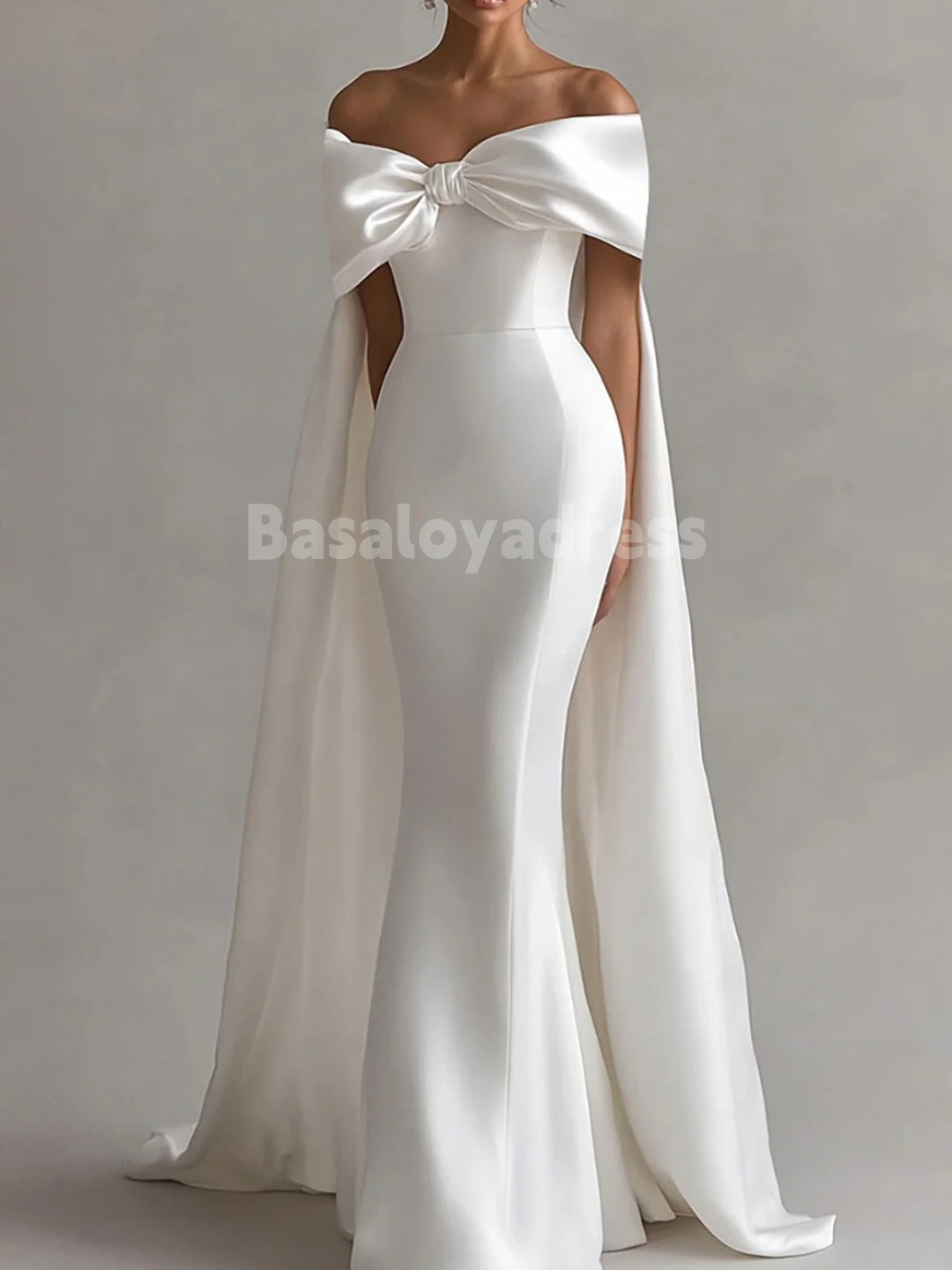 BWD00039 Light Beige Off The Shoulder Bow Cape Mermaid Long Wedding Dress