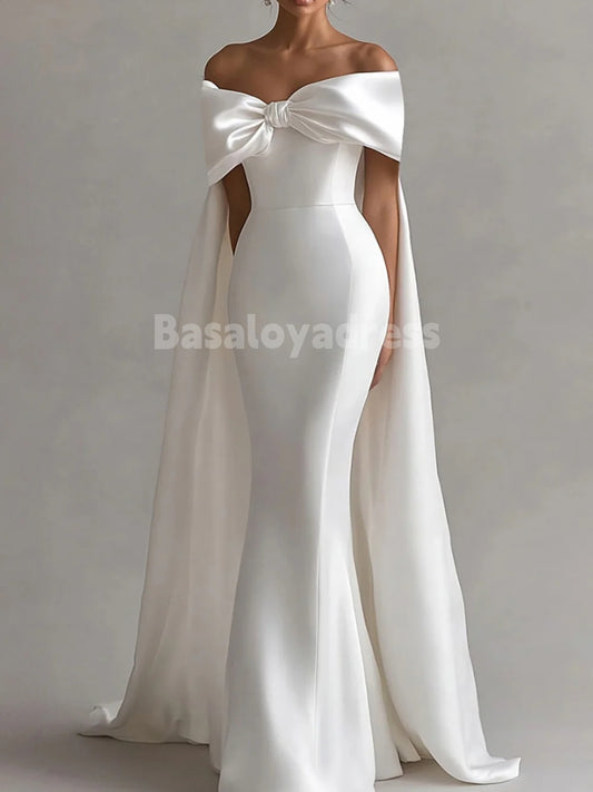 BWD00039 Light Beige Off The Shoulder Bow Cape Mermaid Long Wedding Dress