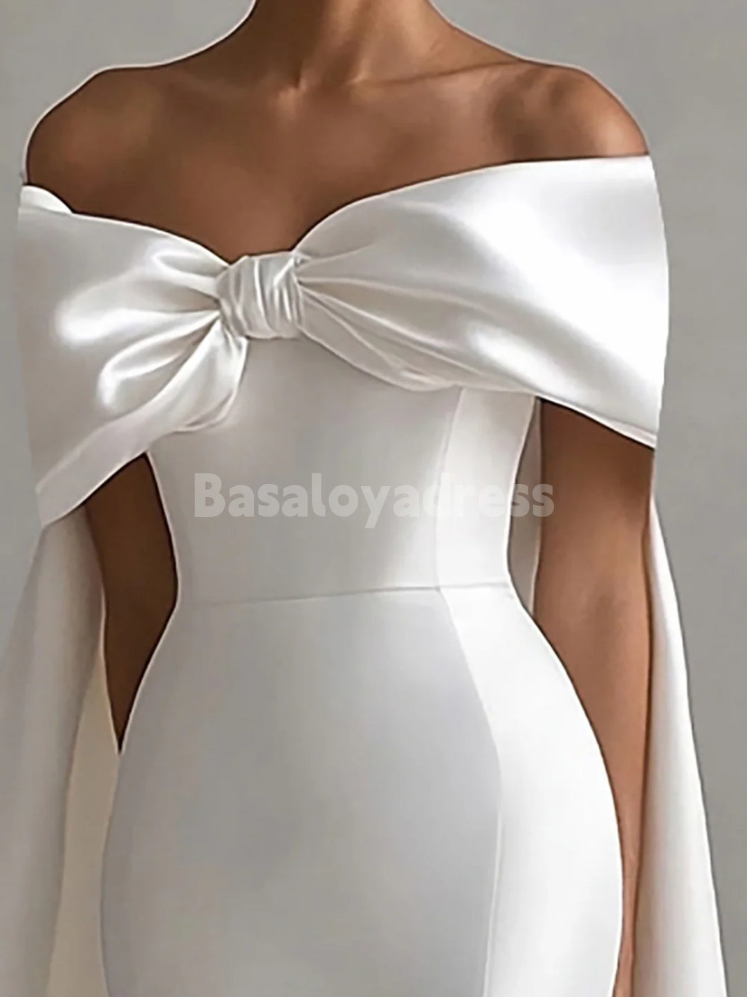BWD00039 Light Beige Off The Shoulder Bow Cape Mermaid Long Wedding Dress