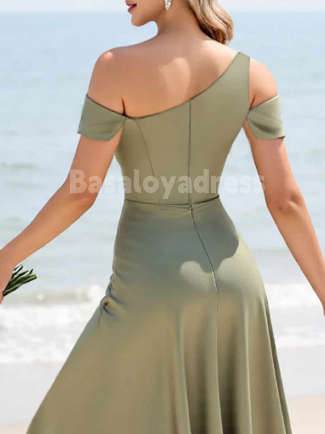 BDES00130 Olive A Line Asymmetrical Neckline One Shoulder Pleated Bridesmaid Dress Elegant Maxi Dress For Christmas