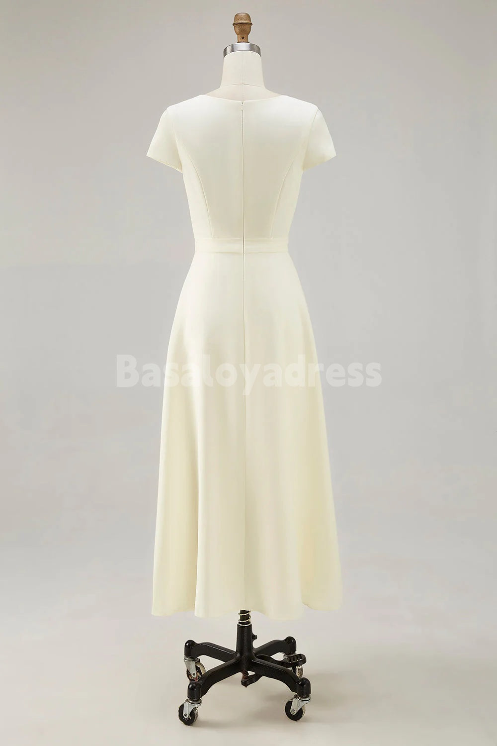 BDES00173 Light Yellow A Line Boat Neck Vintage Satin Short Sleeves Midi Work Dress