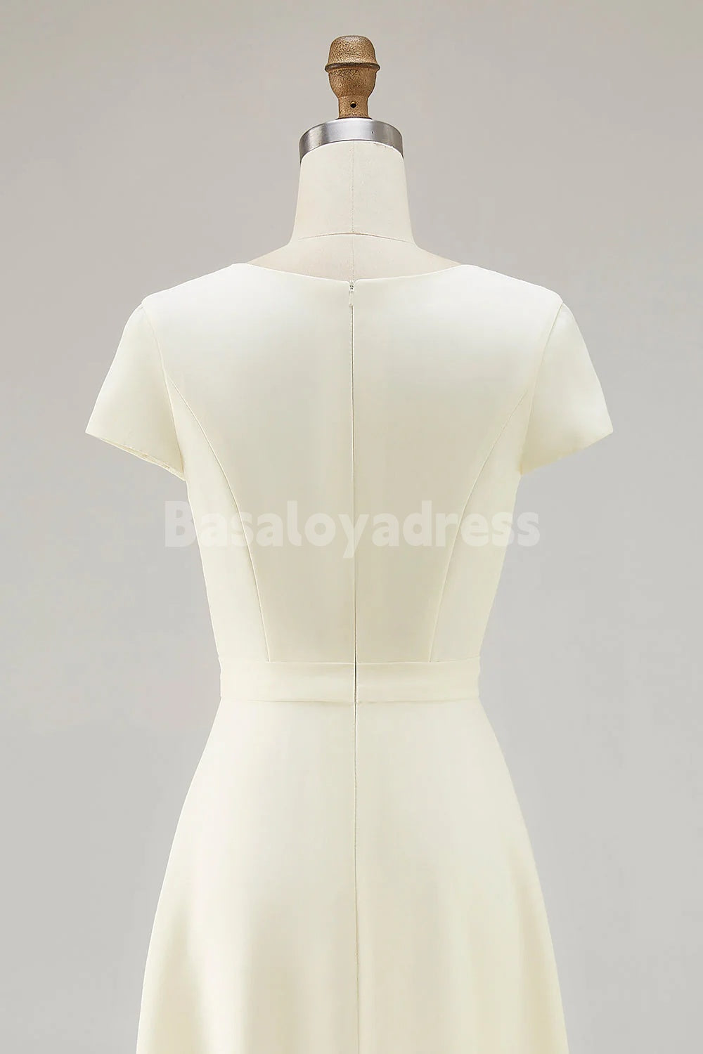 BDES00173 Light Yellow A Line Boat Neck Vintage Satin Short Sleeves Midi Work Dress