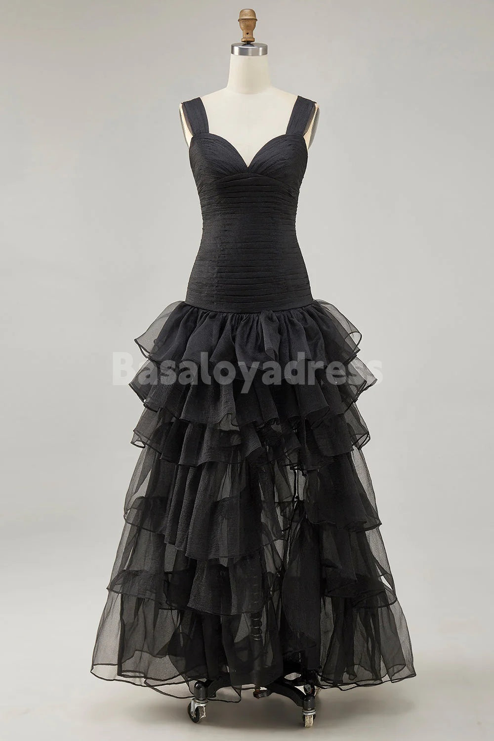 BDES00172 Black Organza A-Line Pleated Top High-Low Hem Formal Dress with Ruffle Slit