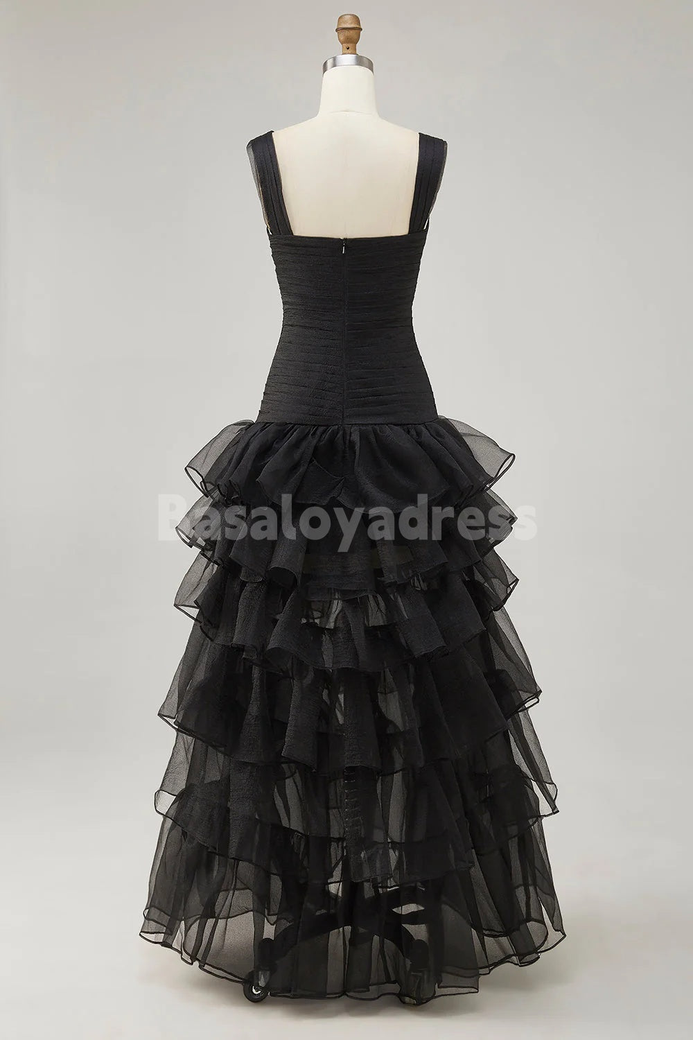 BDES00172 Black Organza A-Line Pleated Top High-Low Hem Formal Dress with Ruffle Slit