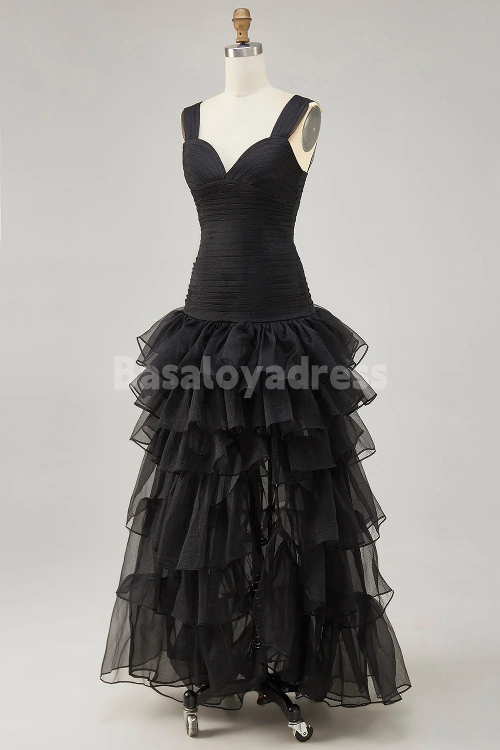 BDES00172 Black Organza A-Line Pleated Top High-Low Hem Formal Dress with Ruffle Slit