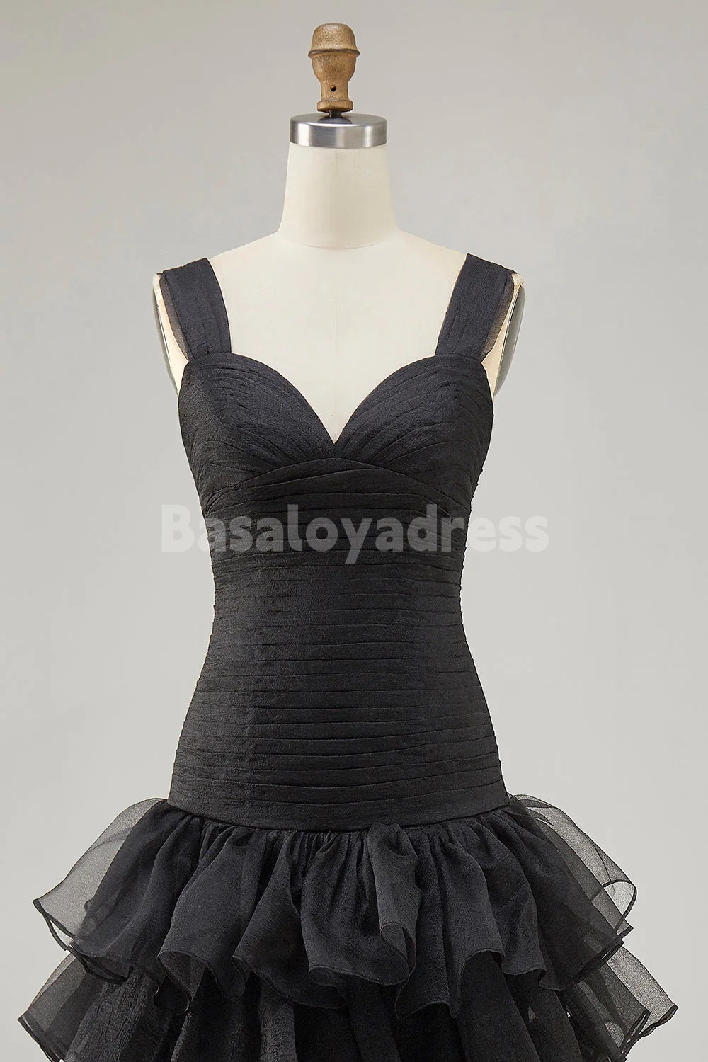 BDES00172 Black Organza A-Line Pleated Top High-Low Hem Formal Dress with Ruffle Slit