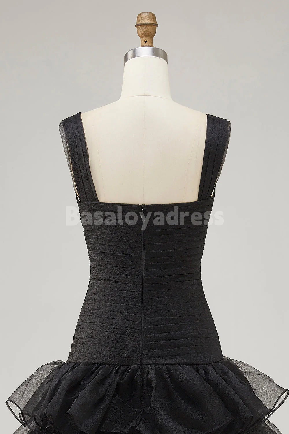 BDES00172 Black Organza A-Line Pleated Top High-Low Hem Formal Dress with Ruffle Slit