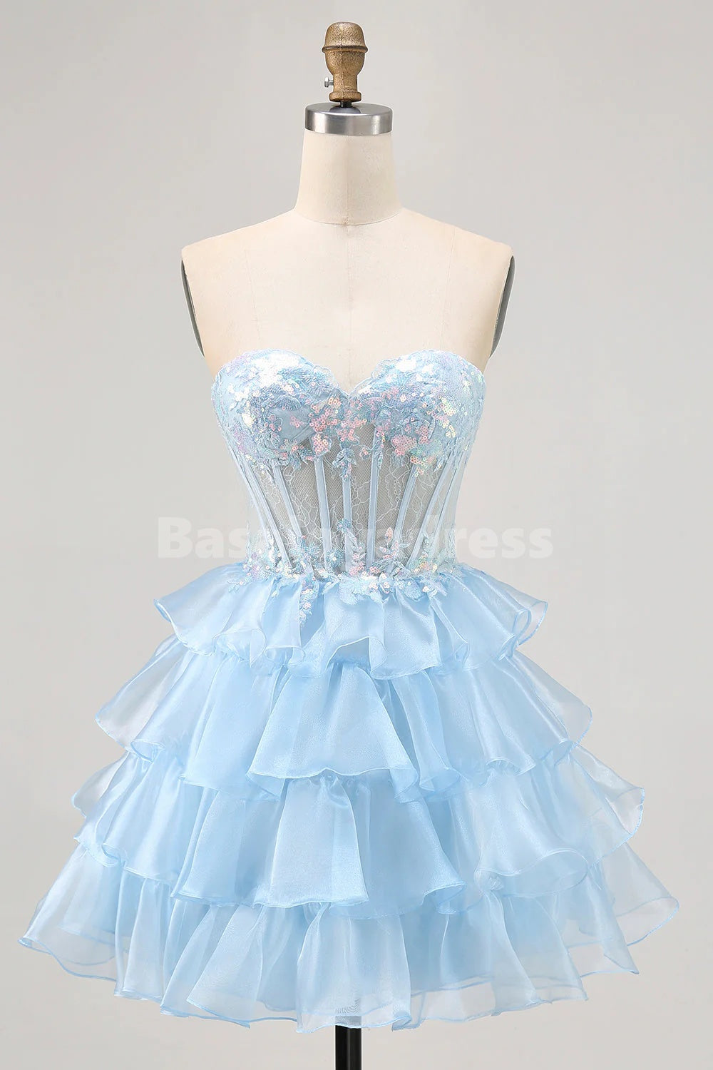 BSD00093 Blue Sweetheart Sequins Corset Tiered Short Prom Dress Homecoming Dress with Lace Up Back