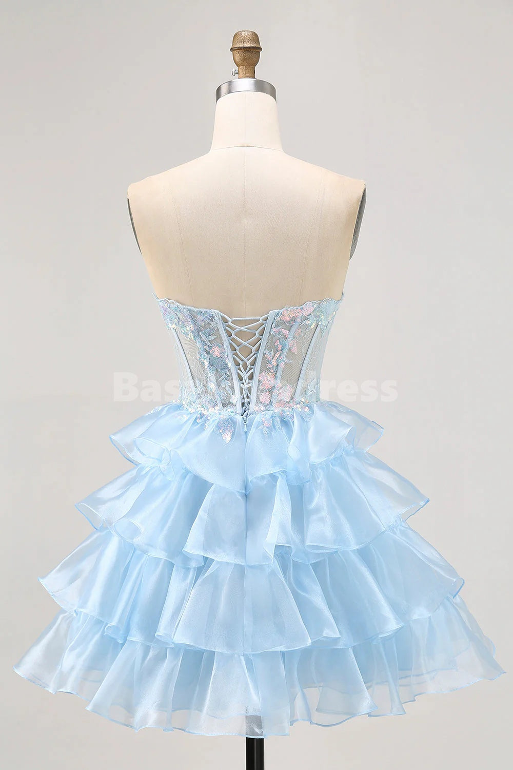 BSD00093 Blue Sweetheart Sequins Corset Tiered Short Prom Dress Homecoming Dress with Lace Up Back
