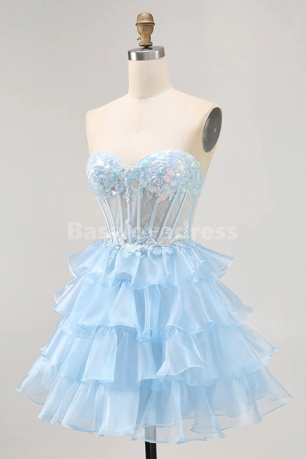 BSD00093 Blue Sweetheart Sequins Corset Tiered Short Prom Dress Homecoming Dress with Lace Up Back