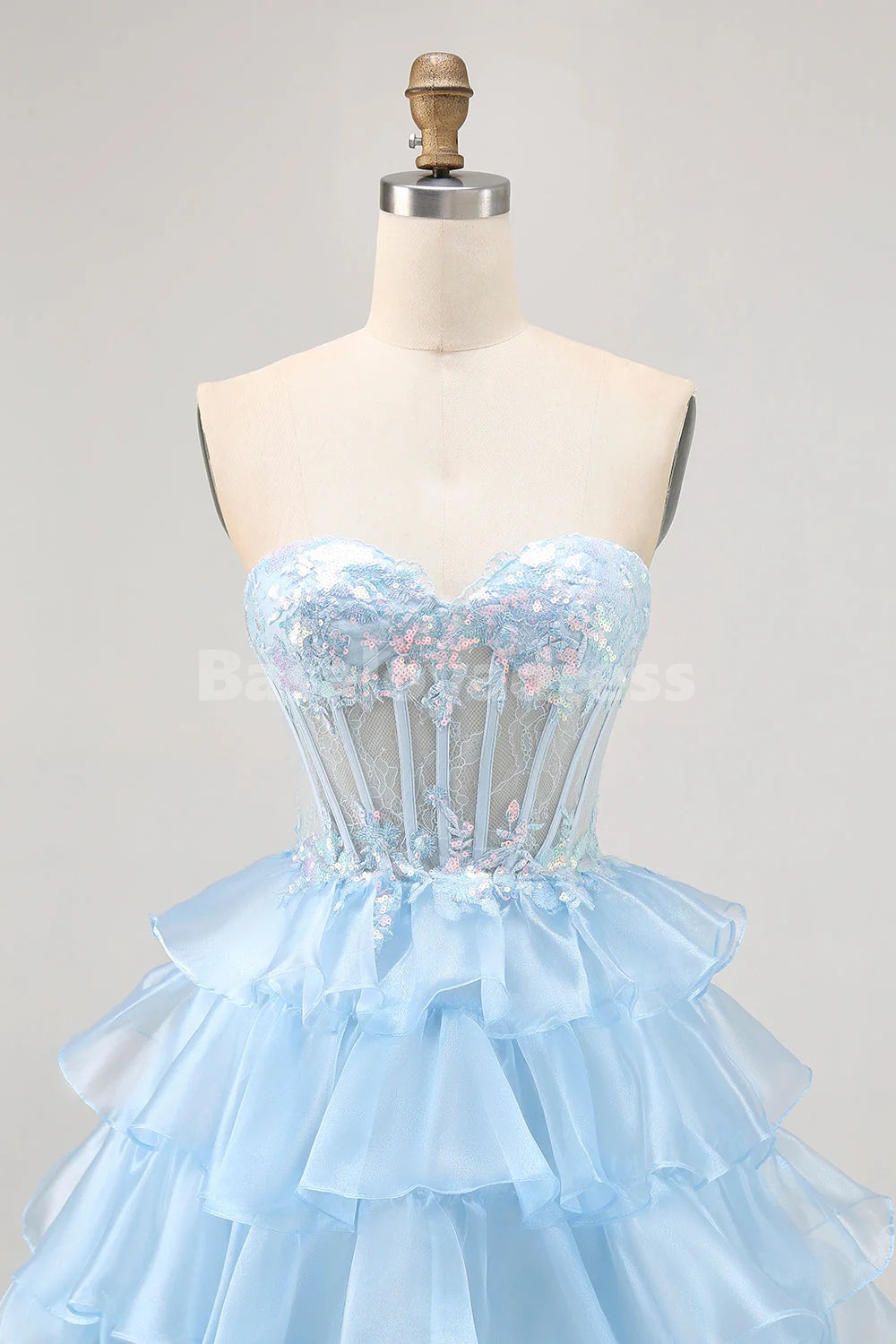 BSD00093 Blue Sweetheart Sequins Corset Tiered Short Prom Dress Homecoming Dress with Lace Up Back