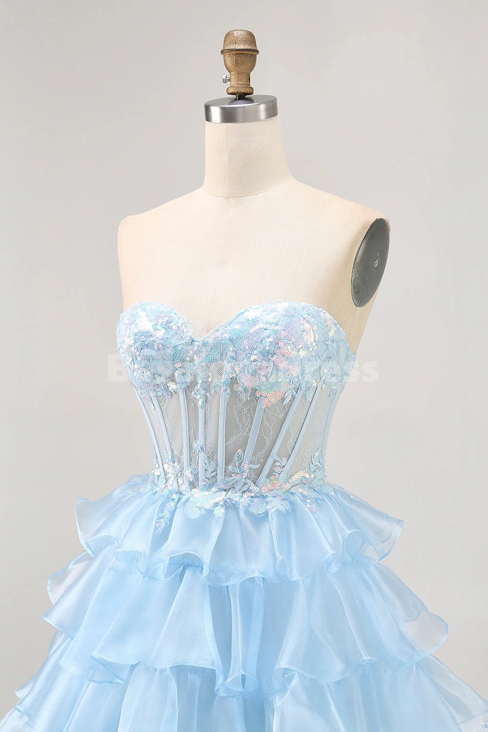 BSD00093 Blue Sweetheart Sequins Corset Tiered Short Prom Dress Homecoming Dress with Lace Up Back