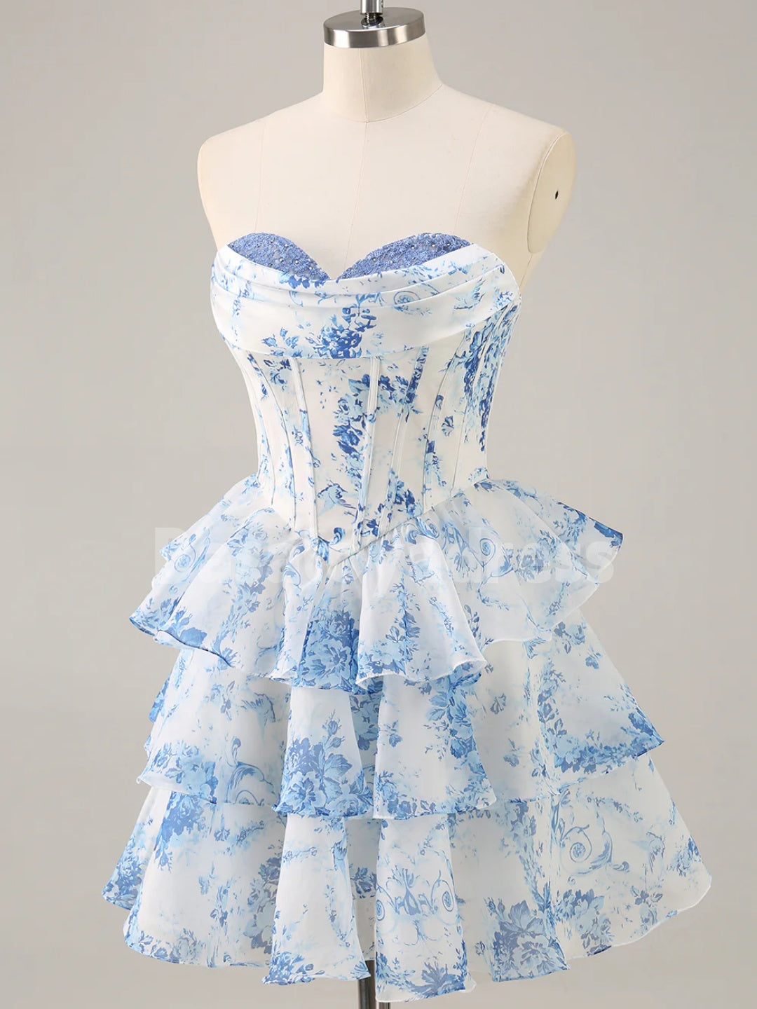 BSD00054 White Blue Floral Printed A-Line Strapless Short Homecoming Dress with Lace and Beading at the Bust
