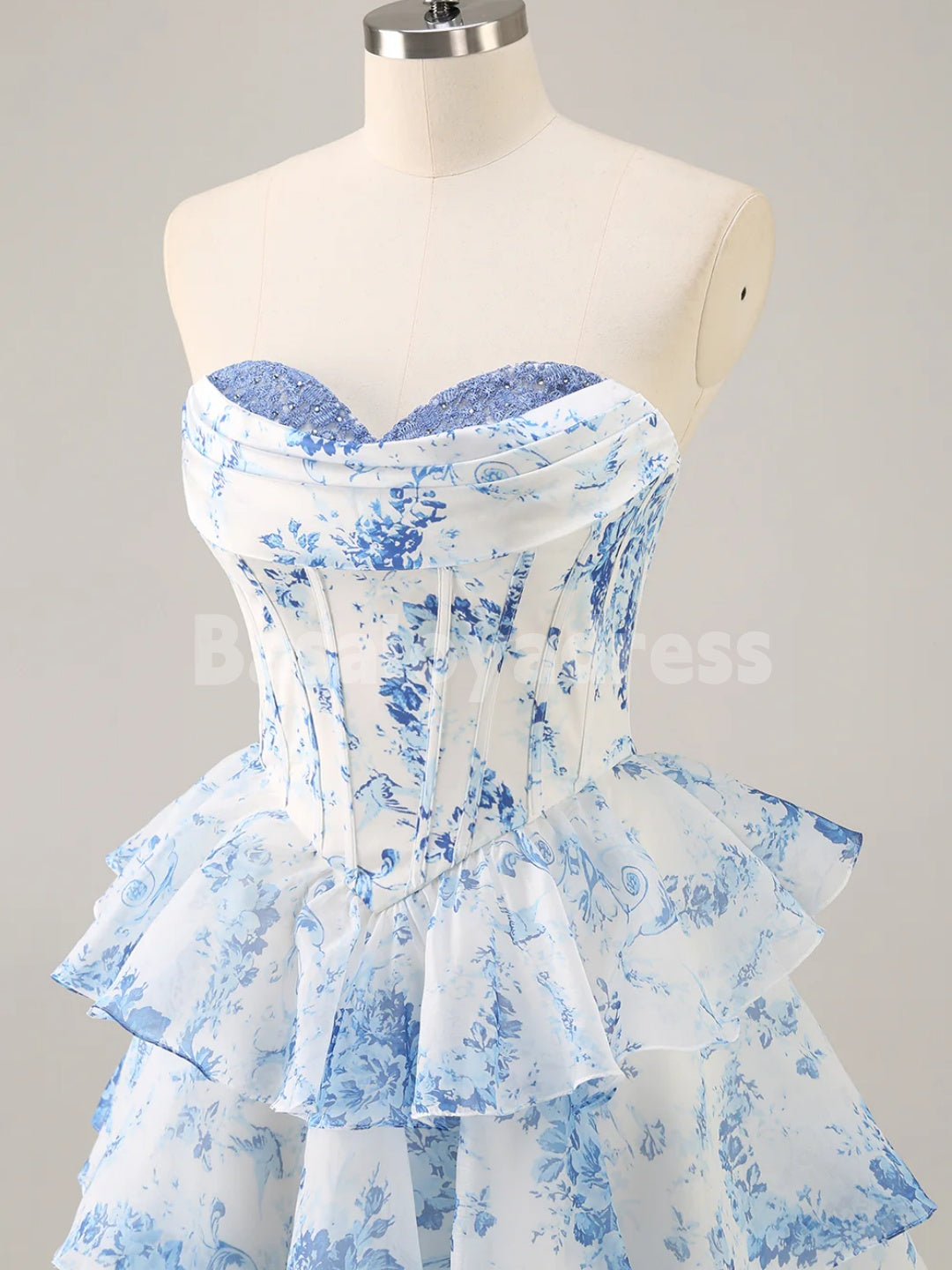 BSD00054 White Blue Floral Printed A-Line Strapless Short Homecoming Dress with Lace and Beading at the Bust