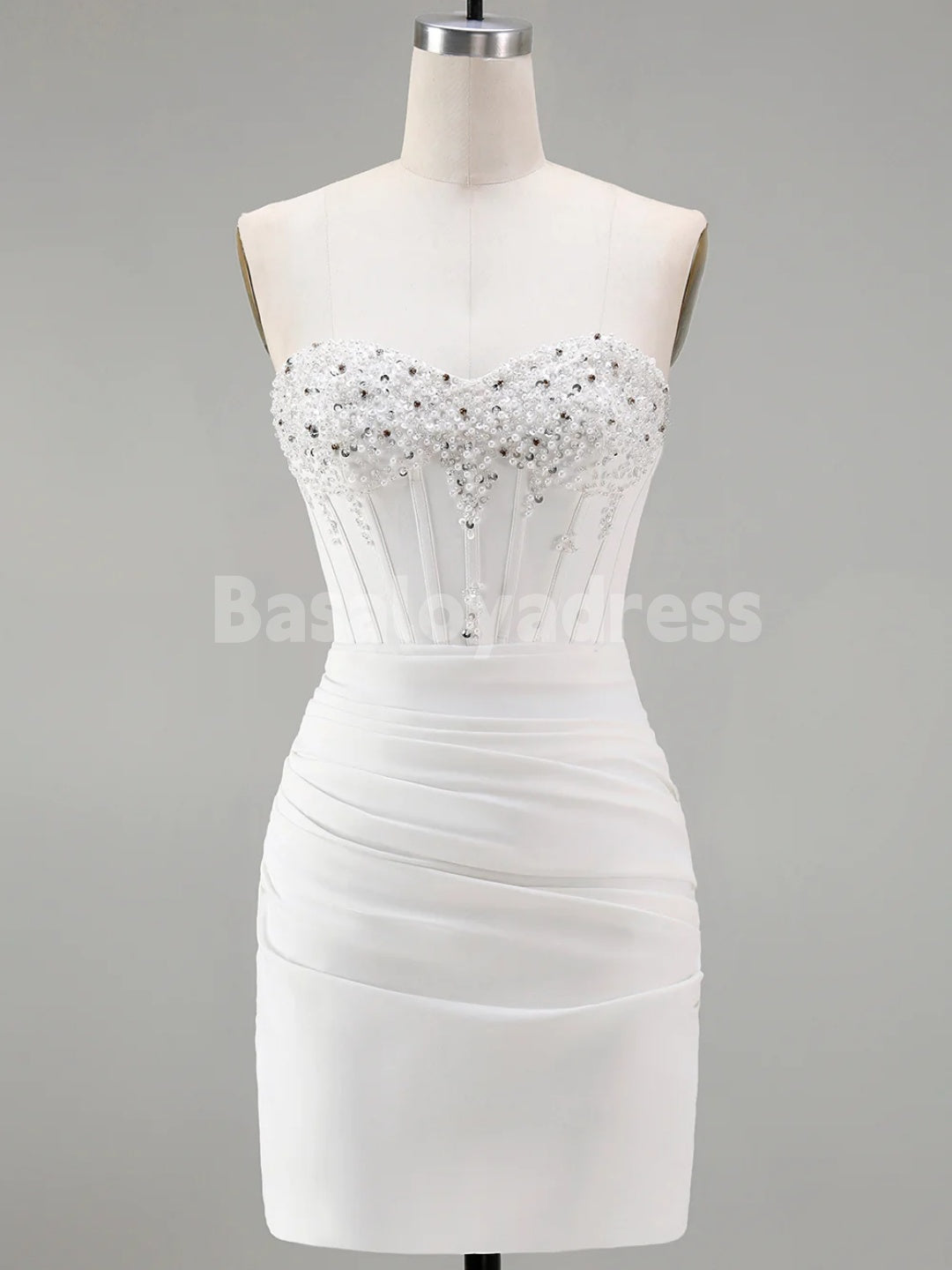 BSD00072 White Strapless Bodycon Corset Homecoming Dress With Pleats and Beading