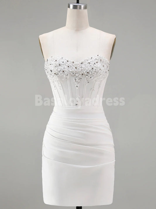 BSD00072 White Strapless Bodycon Corset Homecoming Dress With Pleats and Beading