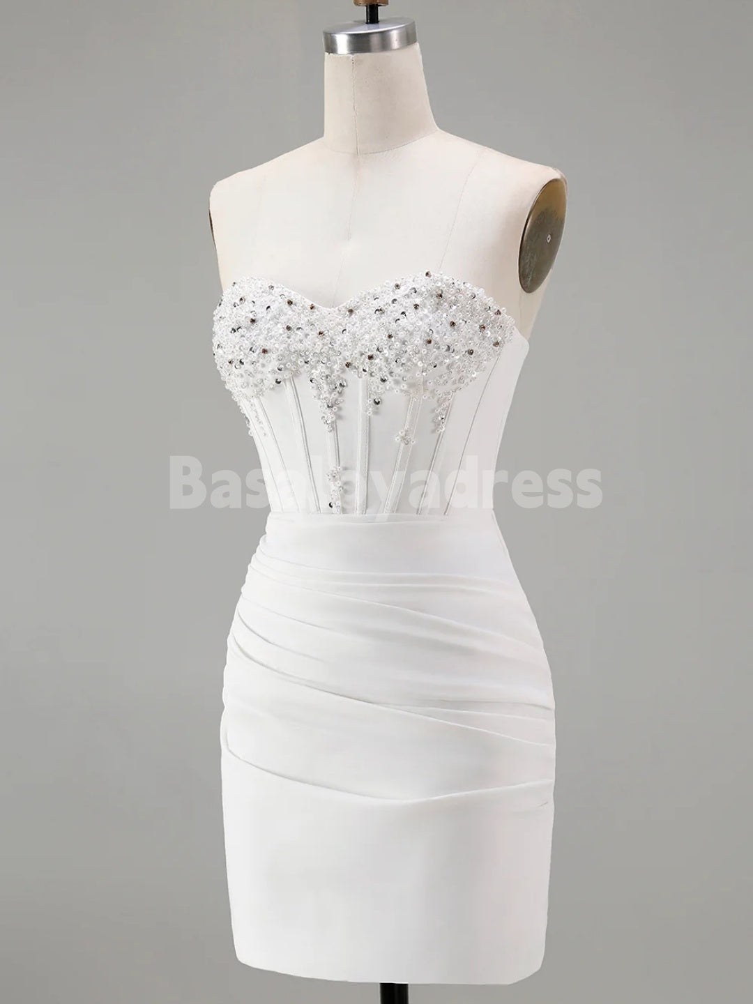 BSD00072 White Strapless Bodycon Corset Homecoming Dress With Pleats and Beading