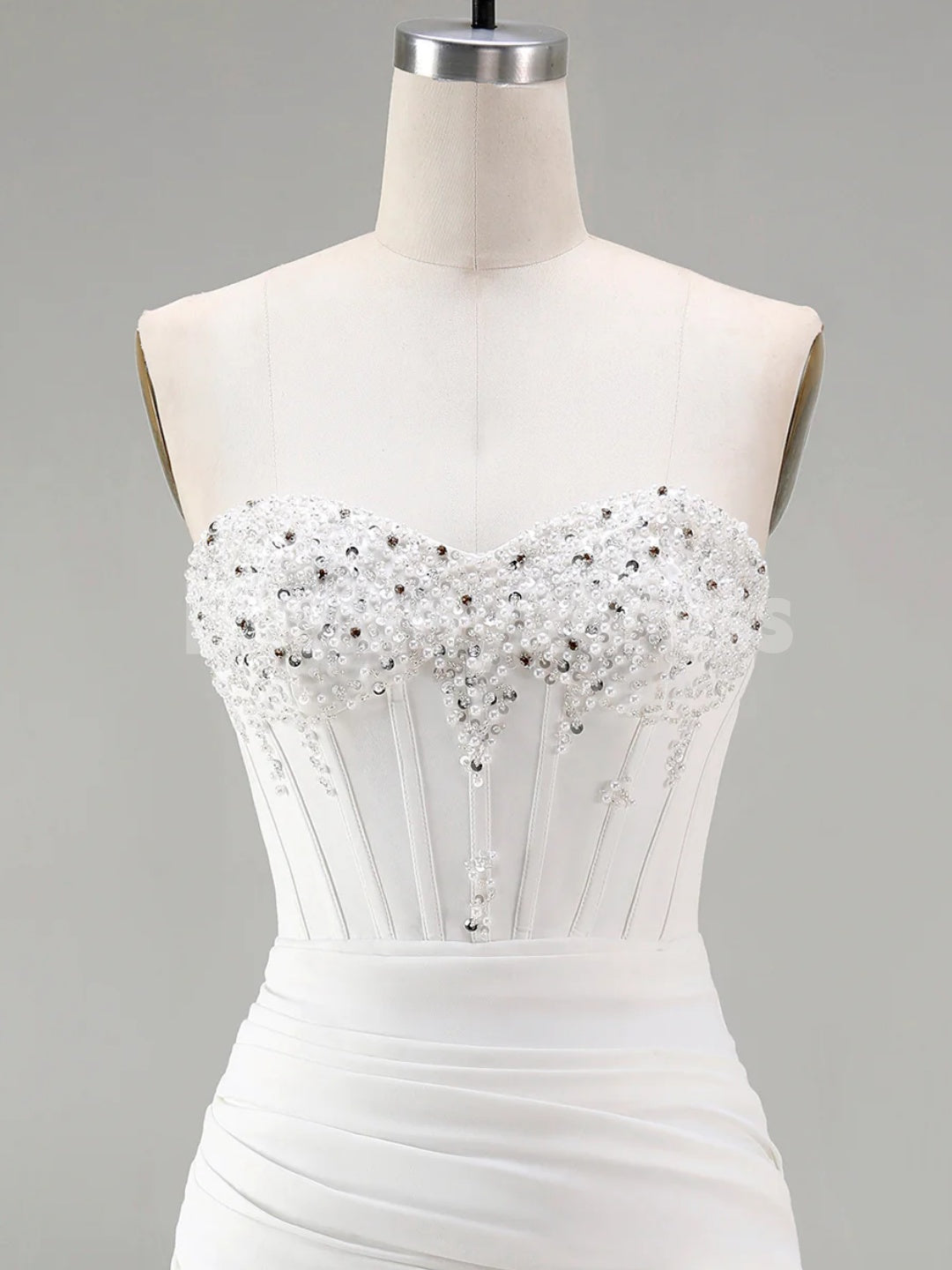 BSD00072 White Strapless Bodycon Corset Homecoming Dress With Pleats and Beading