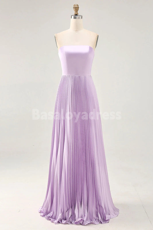 BDES00171 Lilac Strapless A Line Long Prom Dress Bridesmaid Dress with Pleats