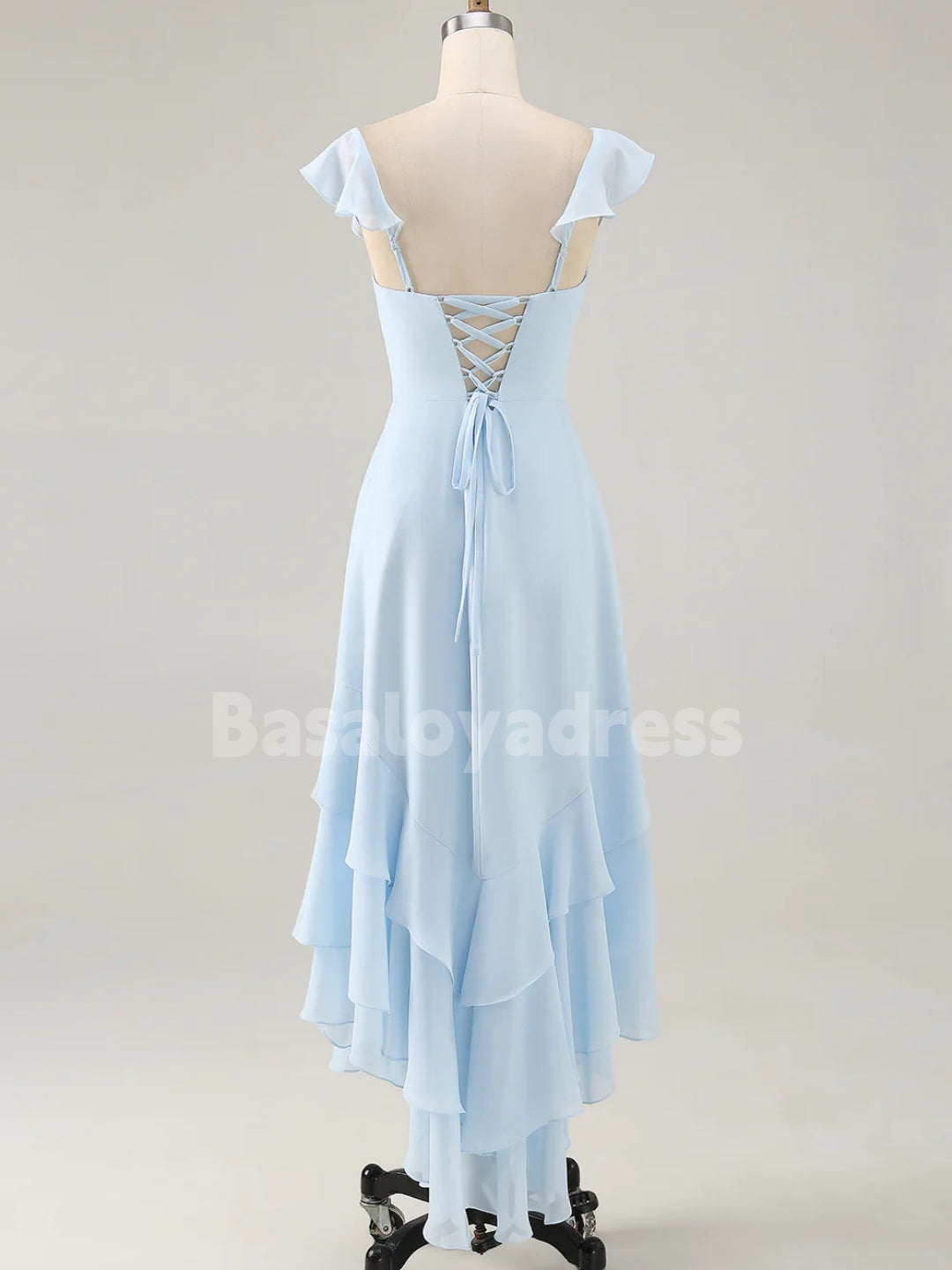 BDES00128 Sky Blue Chiffon A Line Bridesmaid Dress Tiered Asymmetrical Wedding Guest Dress with Ruffles