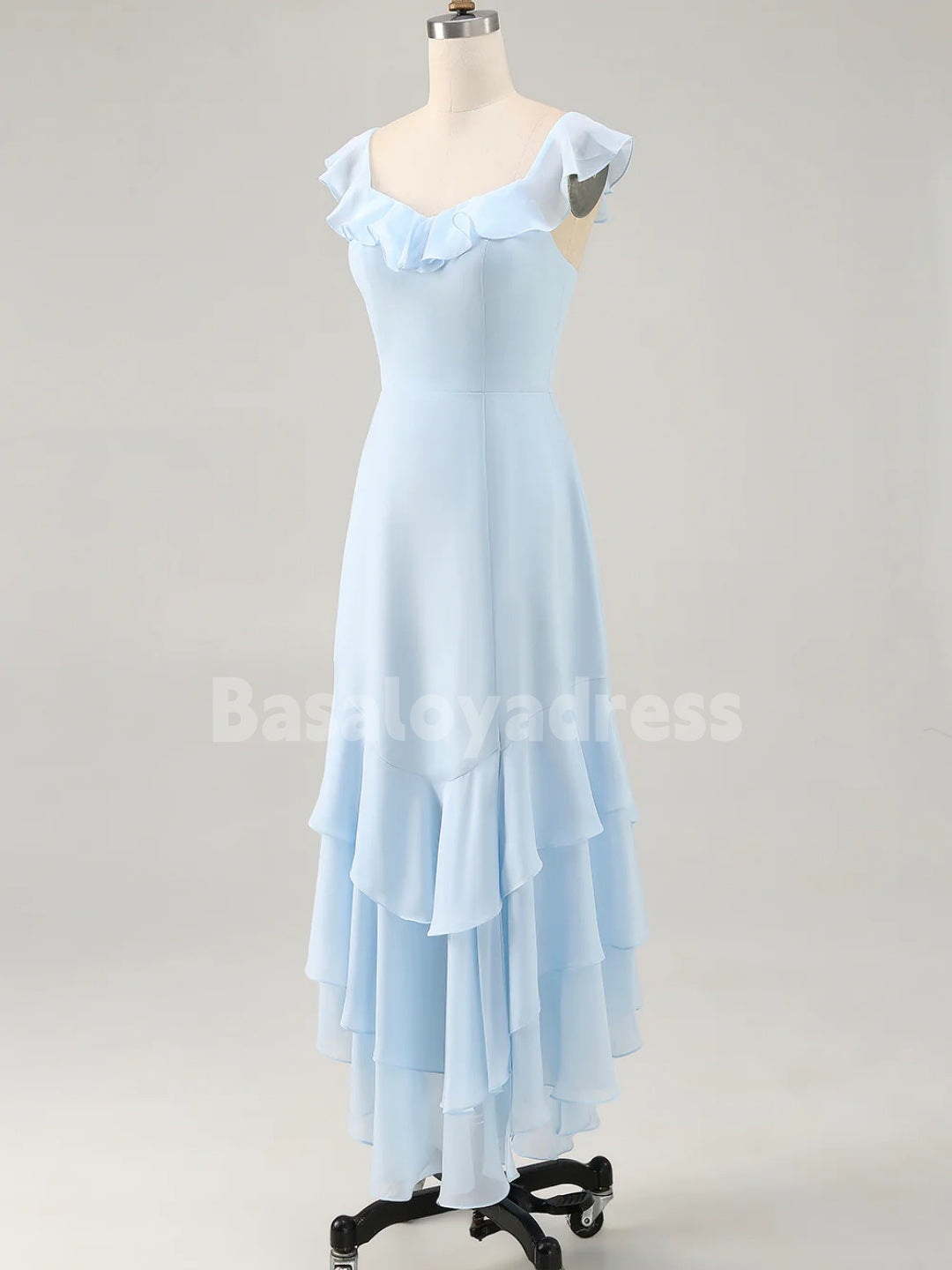 BDES00128 Sky Blue Chiffon A Line Bridesmaid Dress Tiered Asymmetrical Wedding Guest Dress with Ruffles