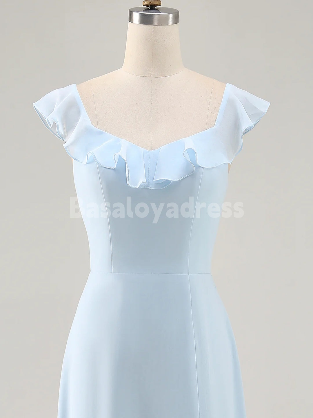 BDES00128 Sky Blue Chiffon A Line Bridesmaid Dress Tiered Asymmetrical Wedding Guest Dress with Ruffles