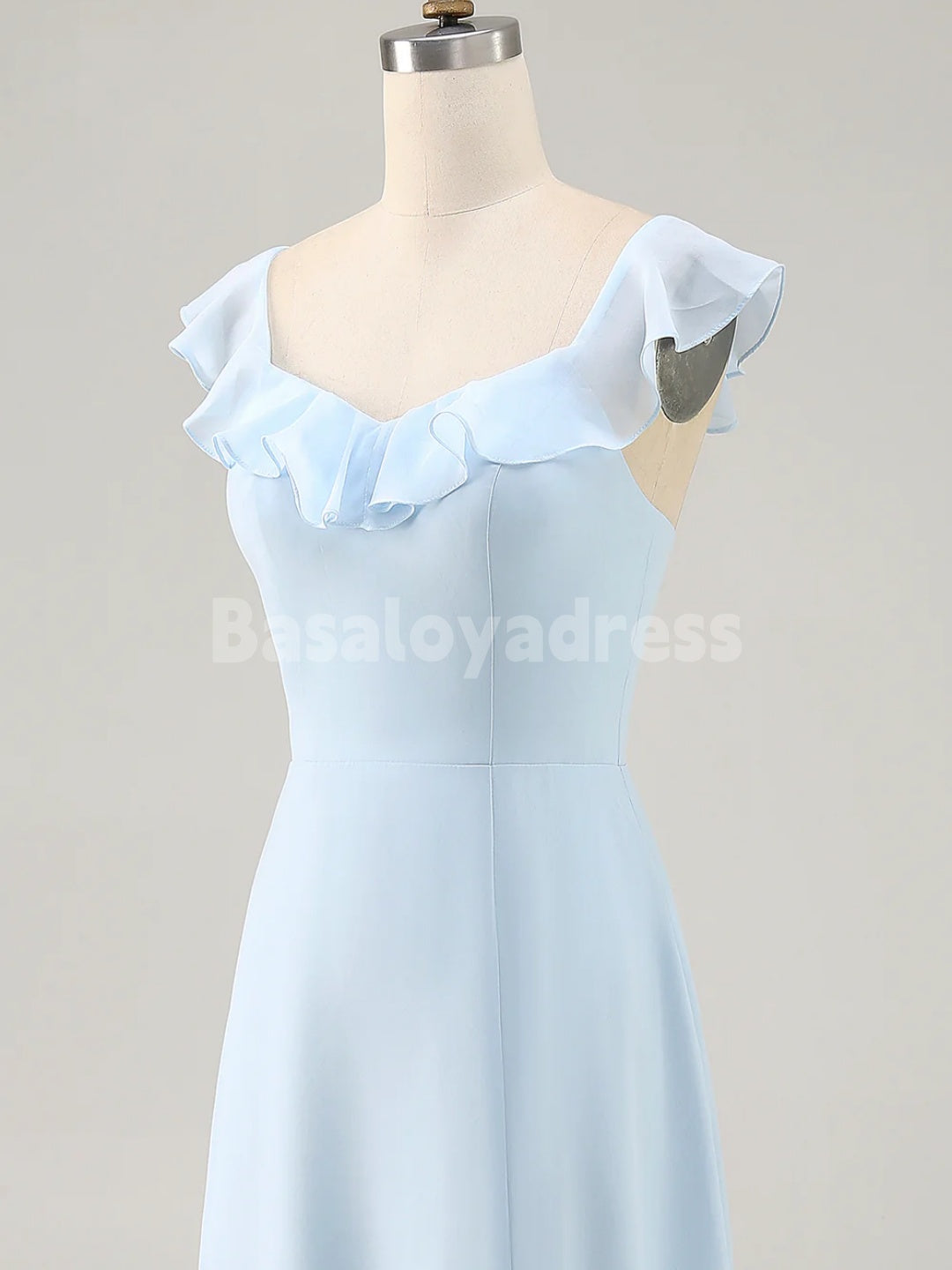 BDES00128 Sky Blue Chiffon A Line Bridesmaid Dress Tiered Asymmetrical Wedding Guest Dress with Ruffles