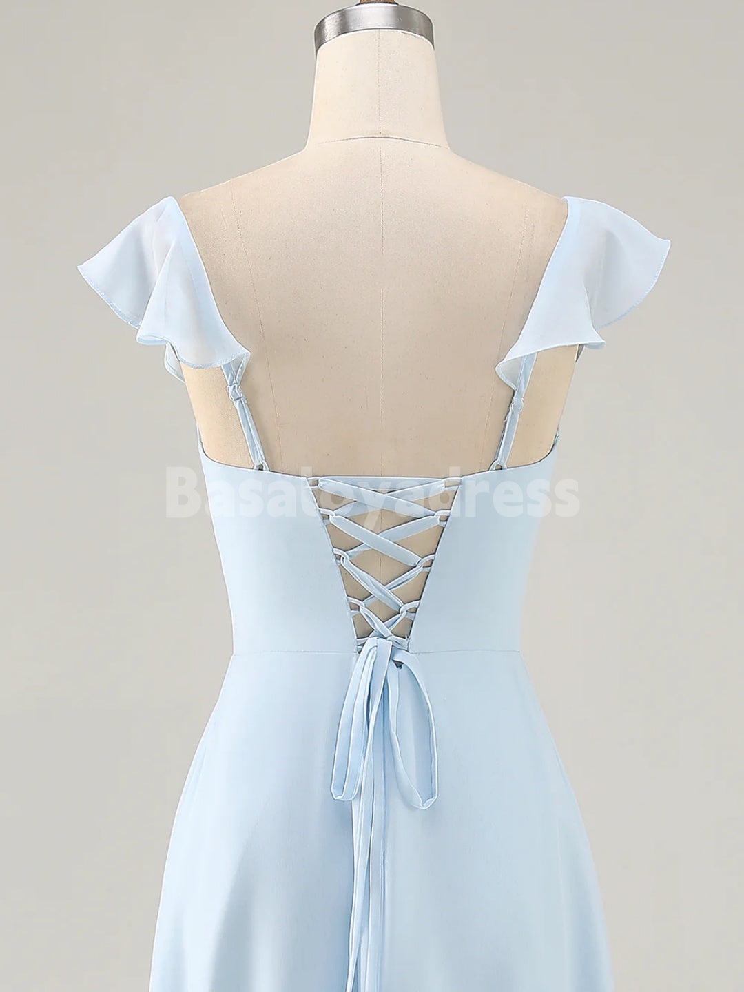 BDES00128 Sky Blue Chiffon A Line Bridesmaid Dress Tiered Asymmetrical Wedding Guest Dress with Ruffles