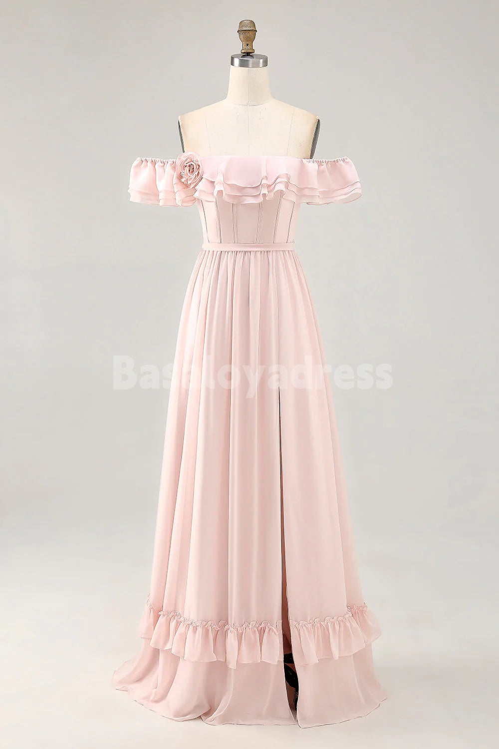 BDES00170 Pink A Line Off The Shoulder Ruffled 3D Flower Bridesmaid Dress with Slit