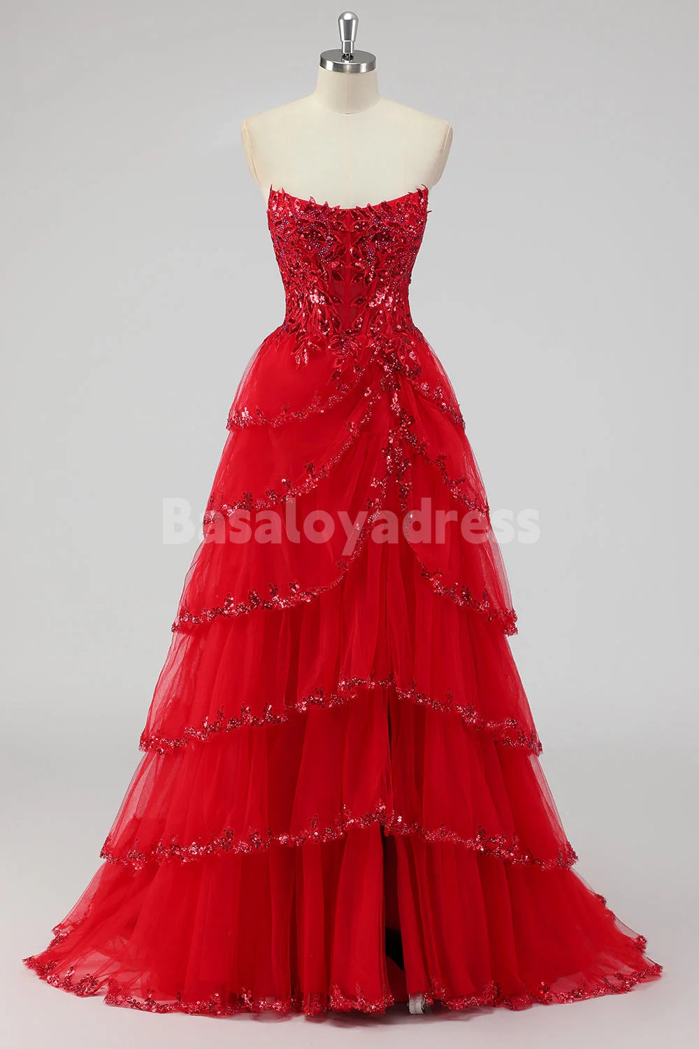 BDES00174 Lavender A Line Detachable Spaghetti Strap Sequins Corset Tiered Prom Dress with Slit