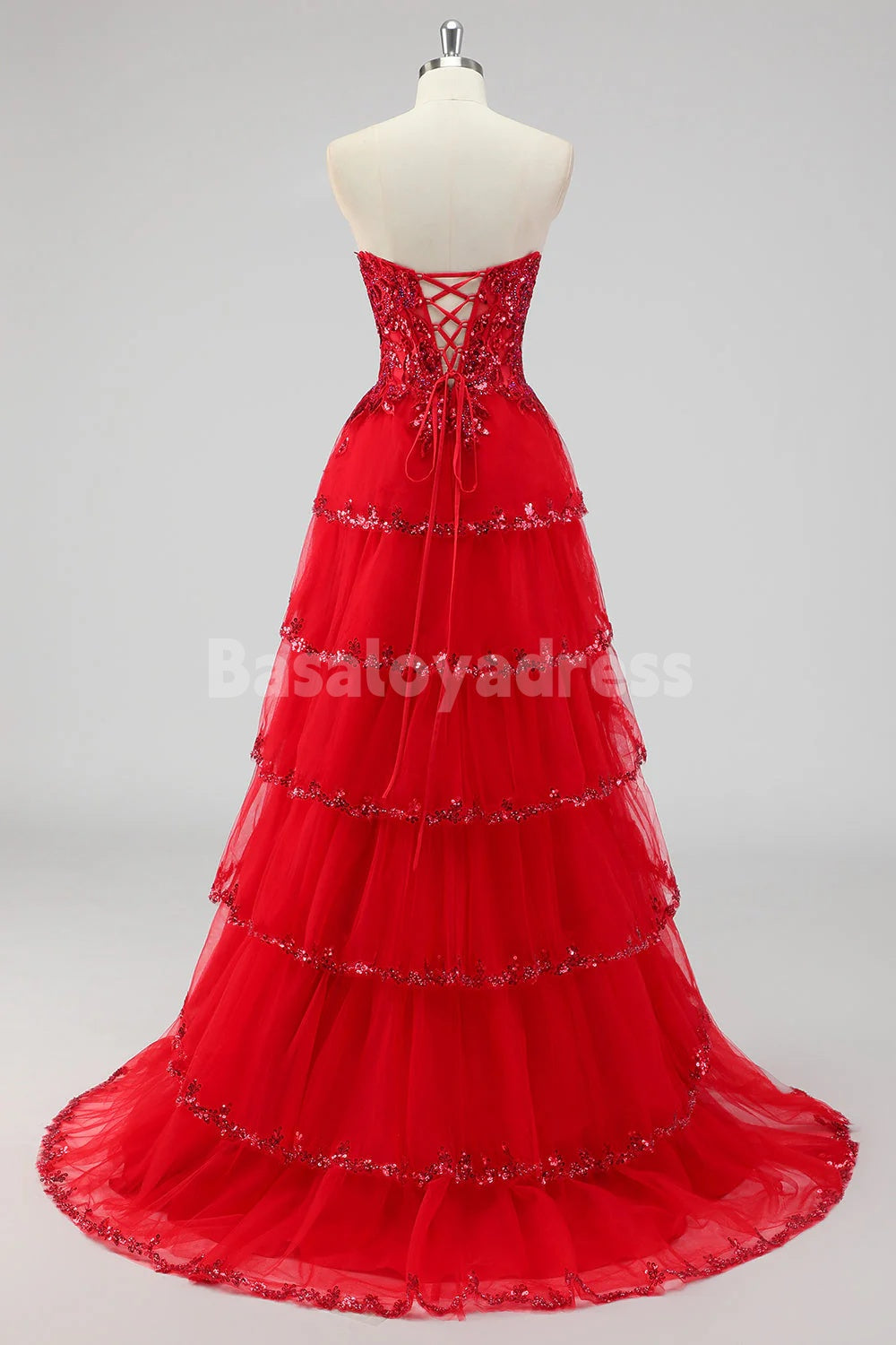 BDES00174 Lavender A Line Detachable Spaghetti Strap Sequins Corset Tiered Prom Dress with Slit