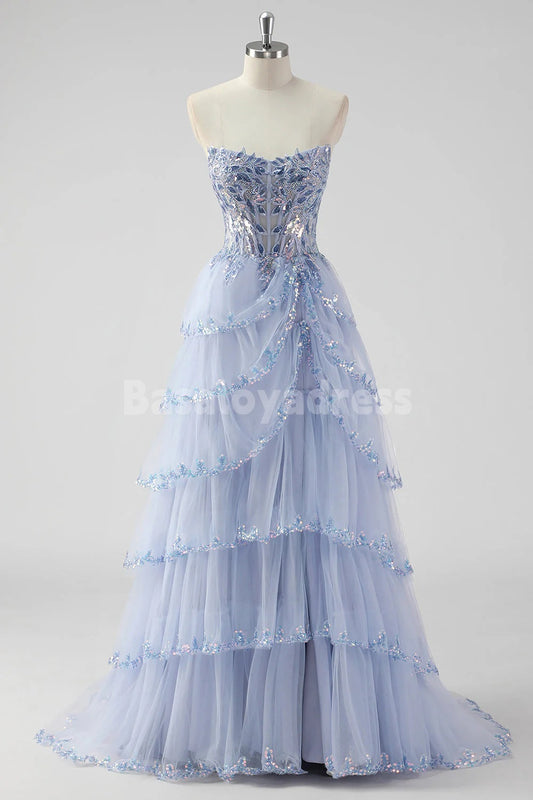 BDES00174 Lavender A Line Detachable Spaghetti Strap Sequins Corset Tiered Prom Dress with Slit