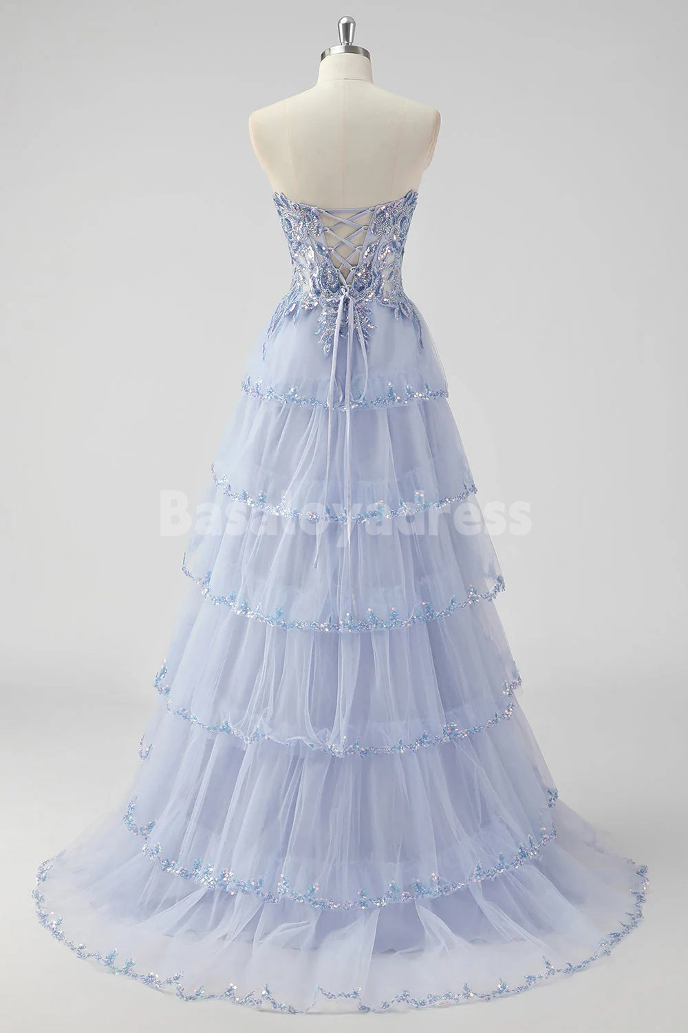 BDES00174 Lavender A Line Detachable Spaghetti Strap Sequins Corset Tiered Prom Dress with Slit