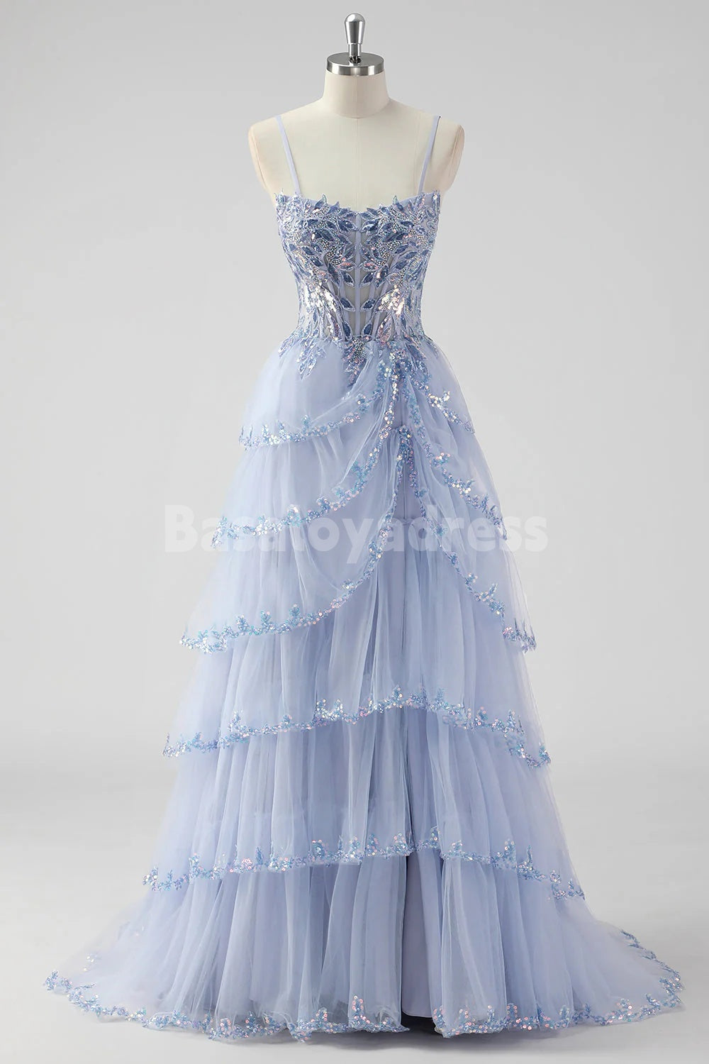 BDES00174 Lavender A Line Detachable Spaghetti Strap Sequins Corset Tiered Prom Dress with Slit