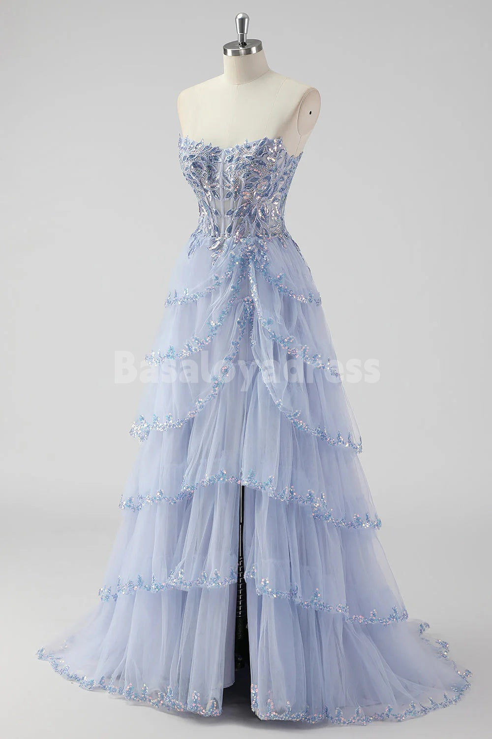 BDES00174 Lavender A Line Detachable Spaghetti Strap Sequins Corset Tiered Prom Dress with Slit