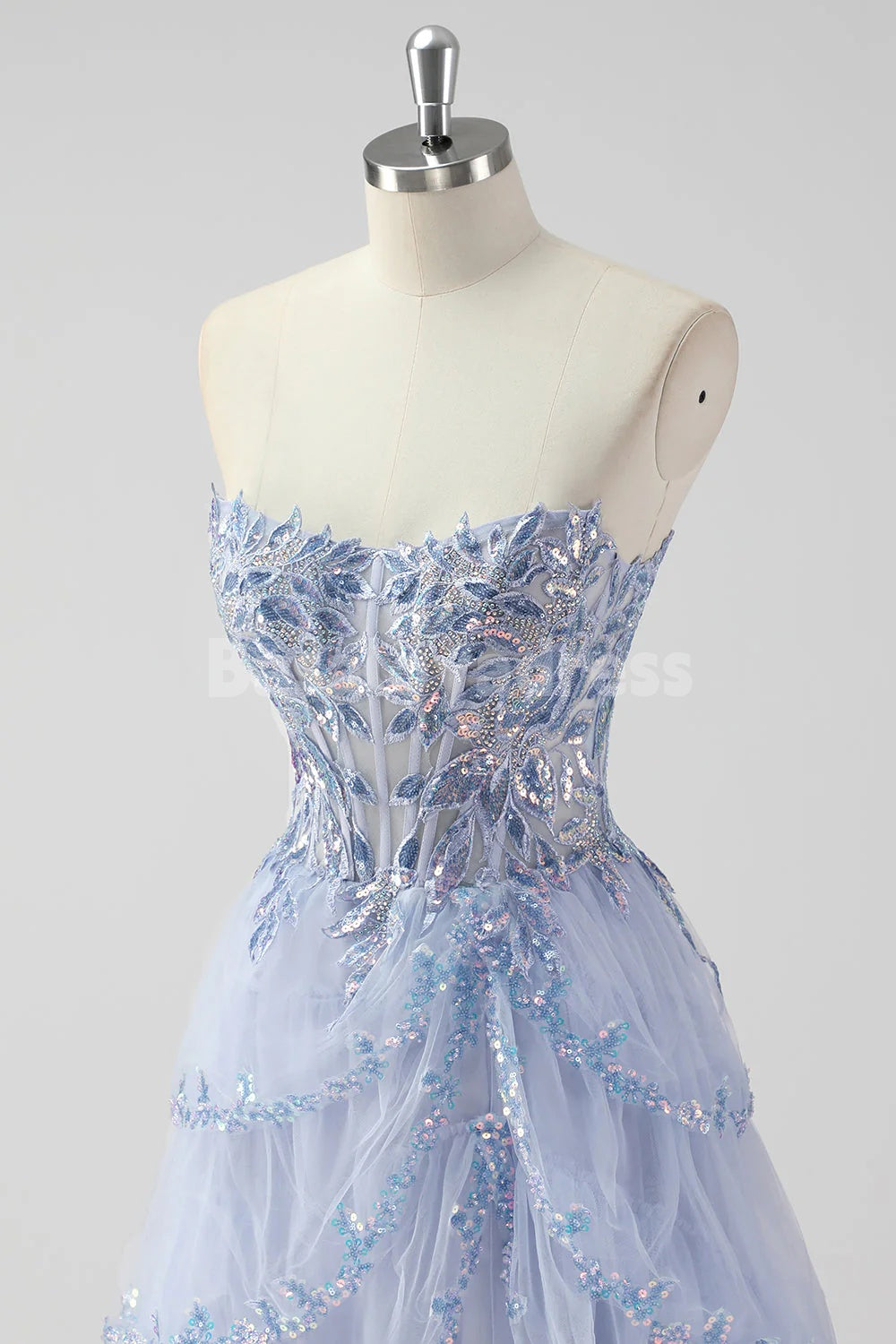 BDES00174 Lavender A Line Detachable Spaghetti Strap Sequins Corset Tiered Prom Dress with Slit