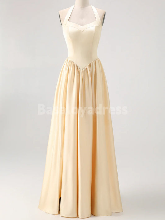 BDES00126 Halter A Line Satin Bridesmaid Dress Pleated Formal Gowns Back Lace-up Evening Dress