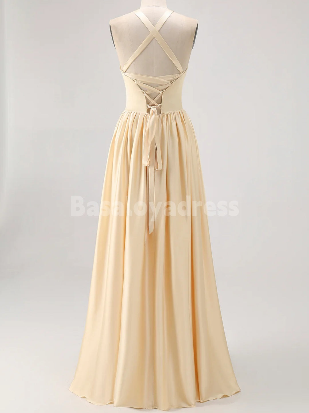 BDES00126 Halter A Line Satin Bridesmaid Dress Pleated Formal Gowns Back Lace-up Evening Dress