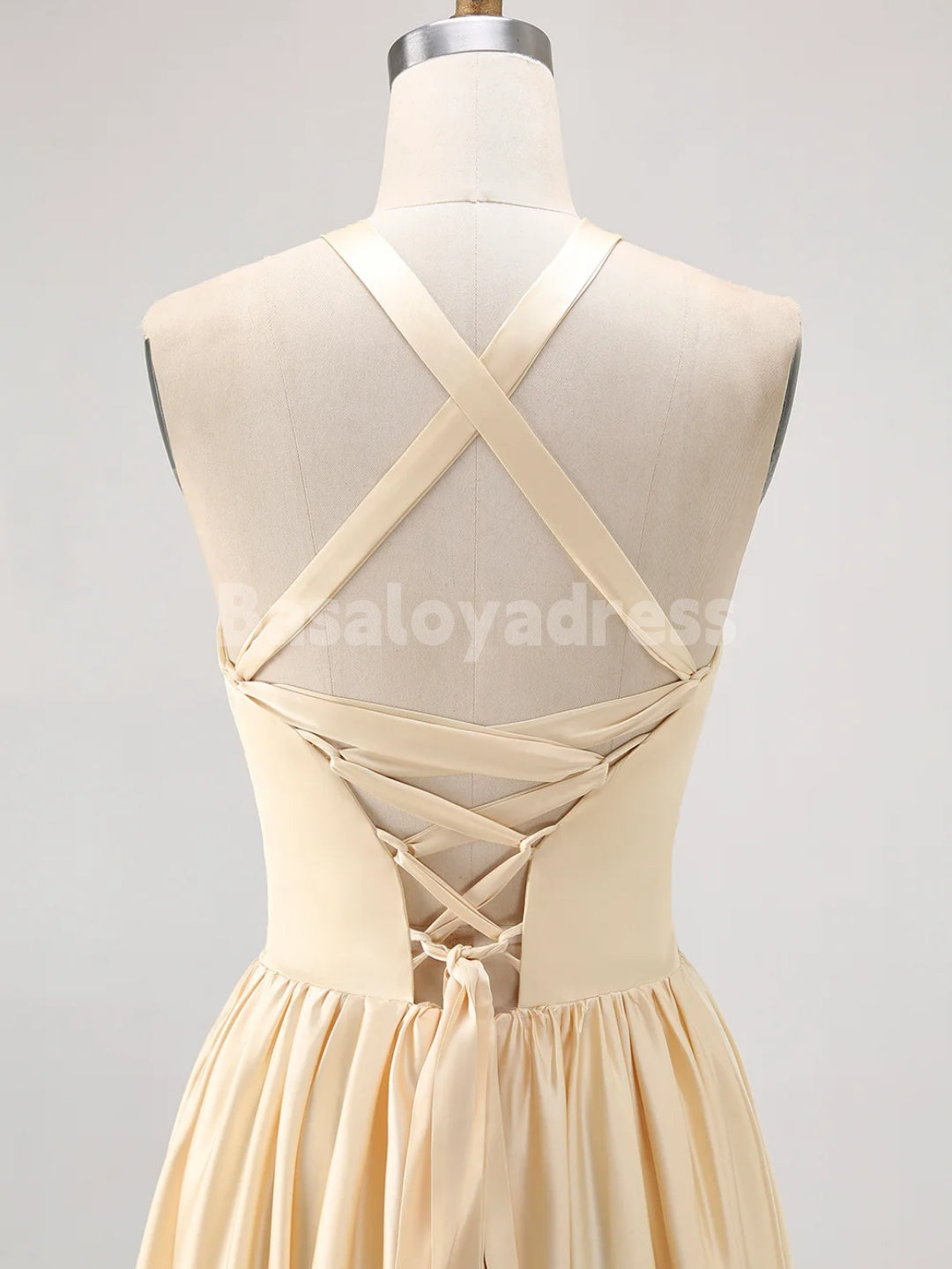 BDES00126 Halter A Line Satin Bridesmaid Dress Pleated Formal Gowns Back Lace-up Evening Dress