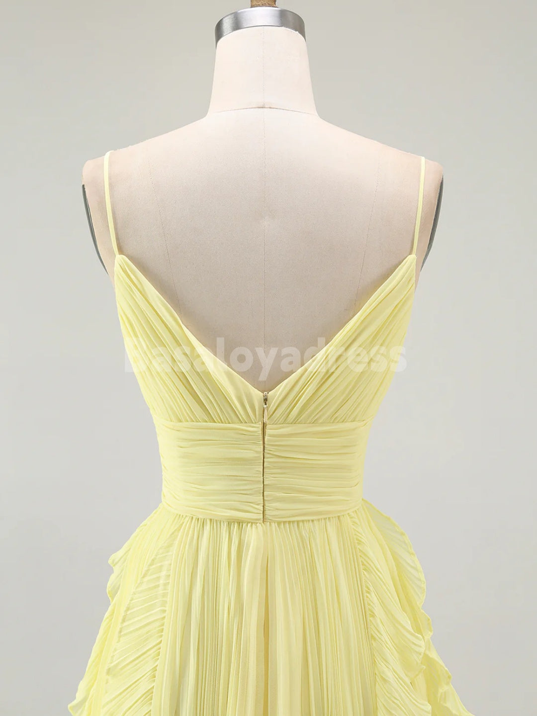 BDES00125 A Line Spaghetti Straps Chiffon Pleated Bridesmaid Dress Prom Dresses with Ruffles