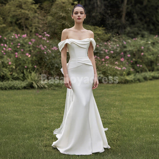 BWD00030 Off-the-shoulder Satin Pleated Mermaid Wedding Dress with Detachable Bow Train