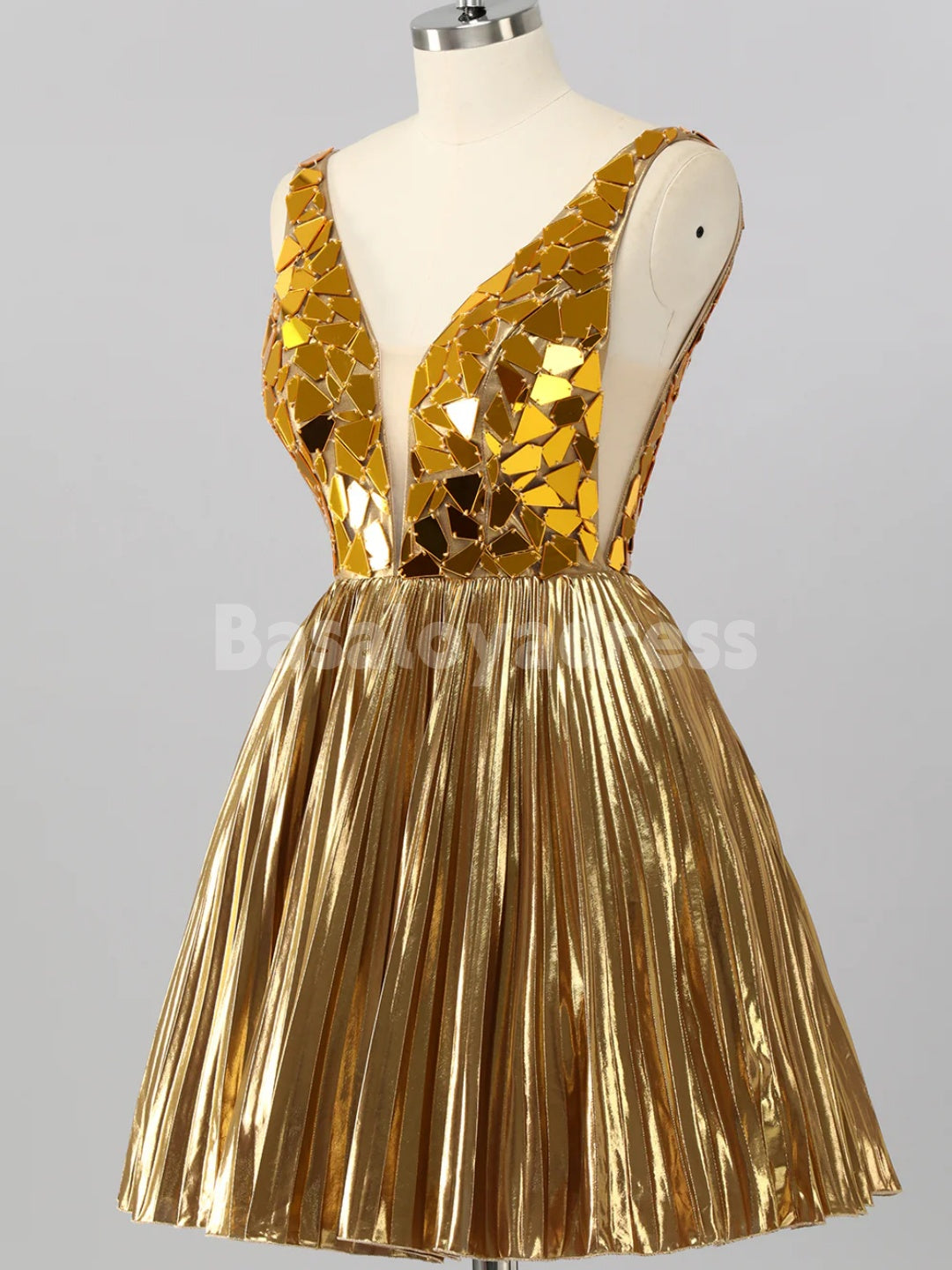 BSD00071 Gold/Navy Blue Mirror Metallic A Line Short Homecoming Dress Party Dress