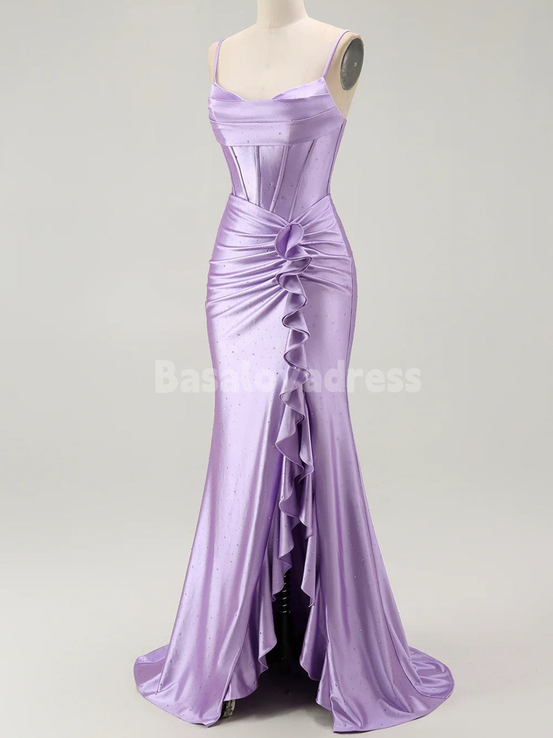 BDES00124 Sparkly Mermaid Spaghetti Straps Corset Beaded Prom Dress with Ruffles Split Front
