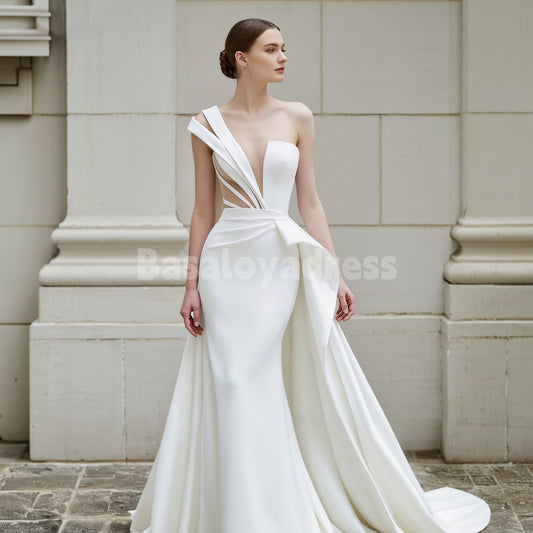 BWD00032 Elegant Modern Satin Illusion Tulle One Shoulder Wedding Gown with Pleats and Train