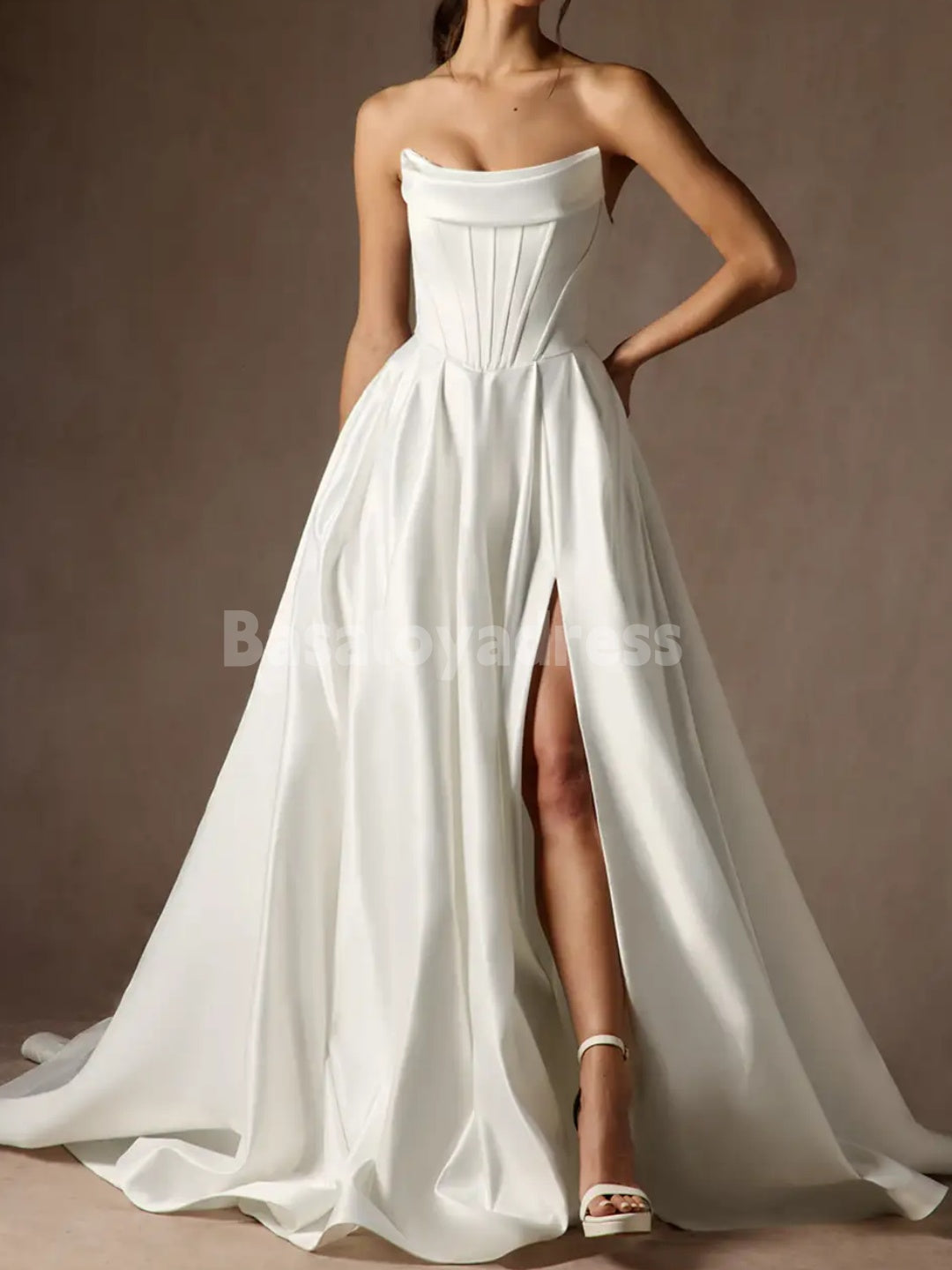 BWD00043 Strapless Satin Wedding Dress Simple Elegant Light Ivory A Line Bridal Gowns
