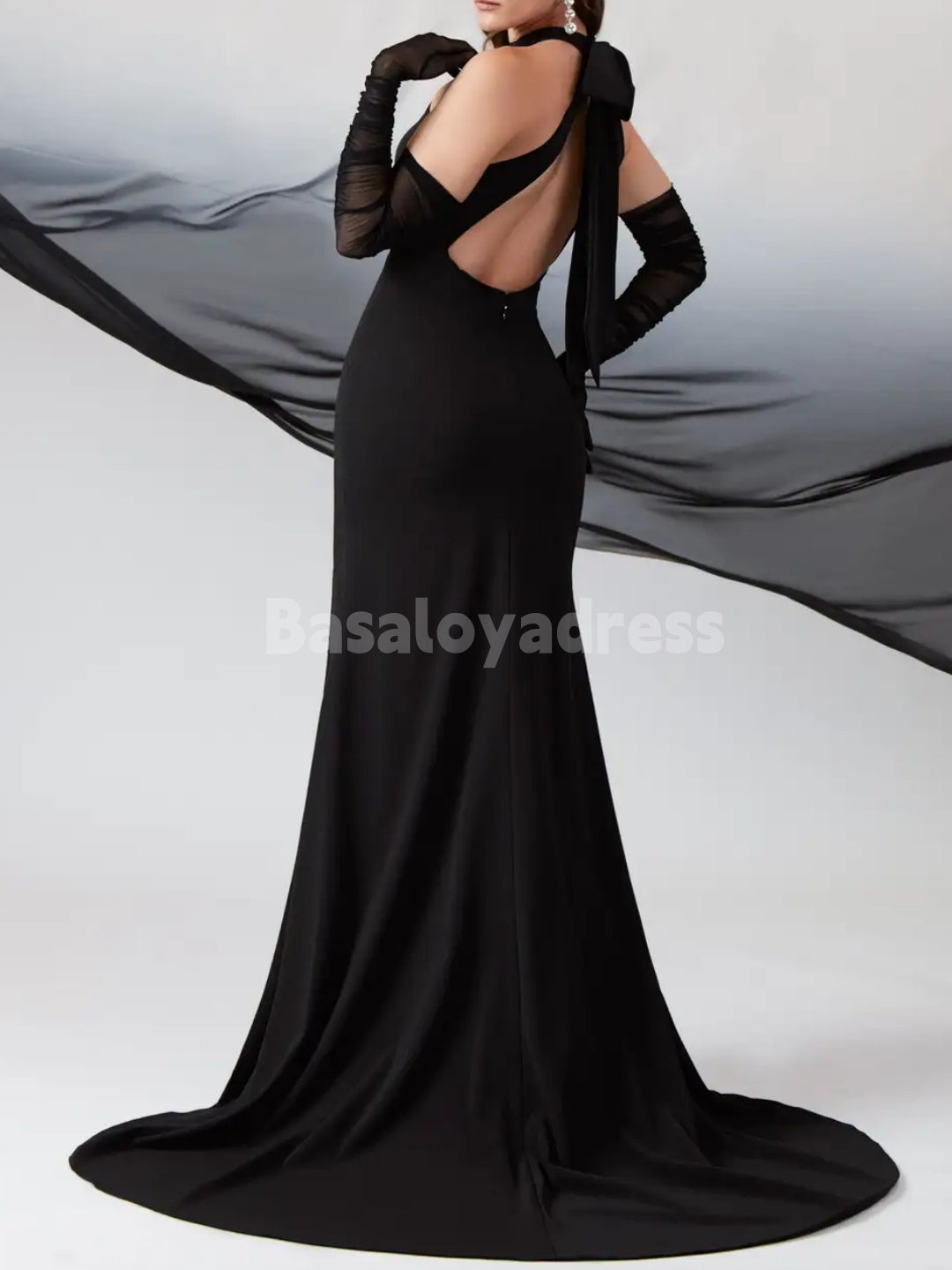 BWD00055 Black Sheath Backless Bow Tied Stretch Crepe Wedding Dress with Tulle Gloves