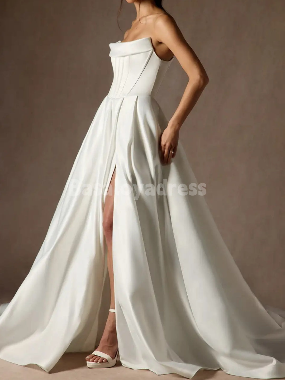 BWD00043 Strapless Satin Wedding Dress Simple Elegant Light Ivory A Line Bridal Gowns