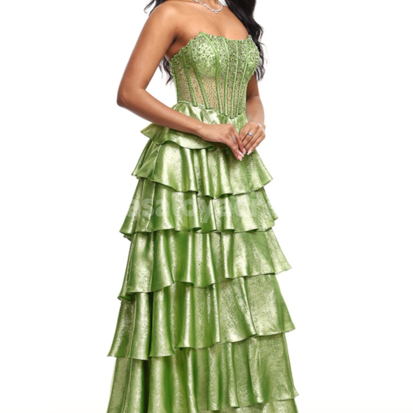 BDES00043 Green A-line Scoop Sweep Train Metallic Prom Dresses With Rhinestone Beading